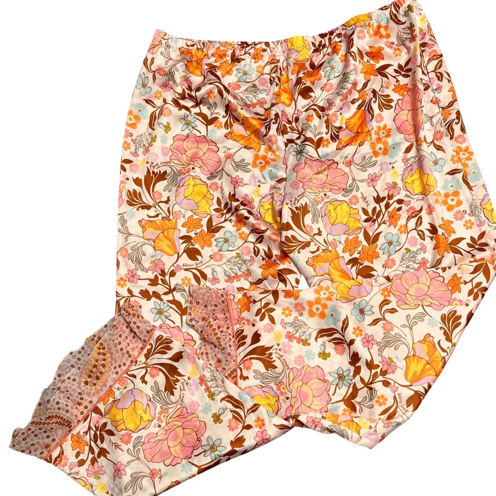 Victoria's Secret XL Floral Satin Pajama Pants Pink Orange Flare Ruffle Hem